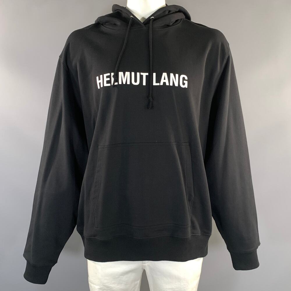 HELMUT LANG Size XXL Black White Logo Cotton Hooded Sweatshirt